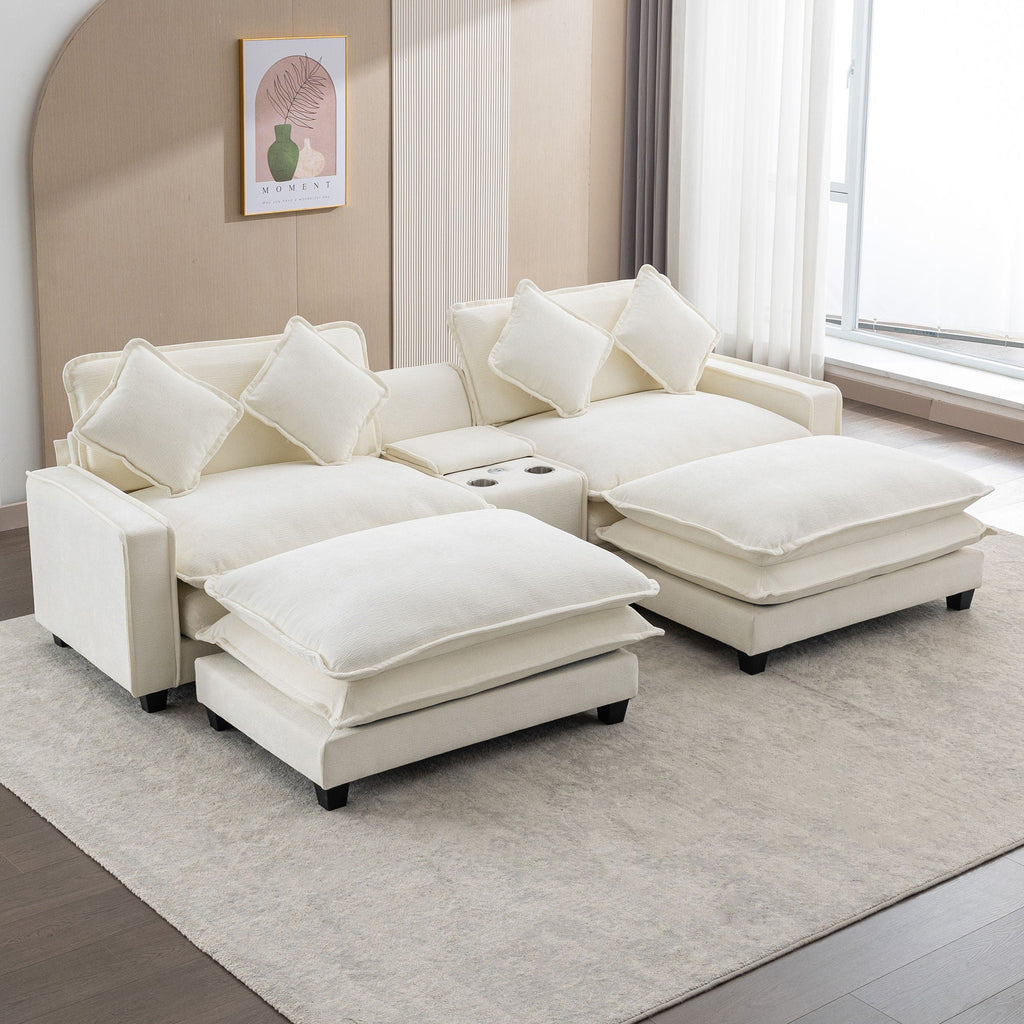 Sectional Sofa Upholstered Sofa With Two Removable Ottoman, Two USB Ports, Two Cup Holders And Large Storage Box For Living Room