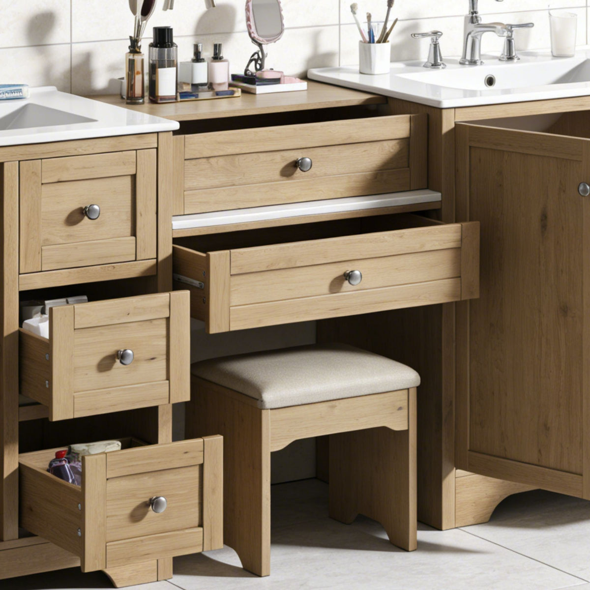 Double Sink Bathroom Vanity With Countertop, 2 Ceramic Sinks, 6 Drawers