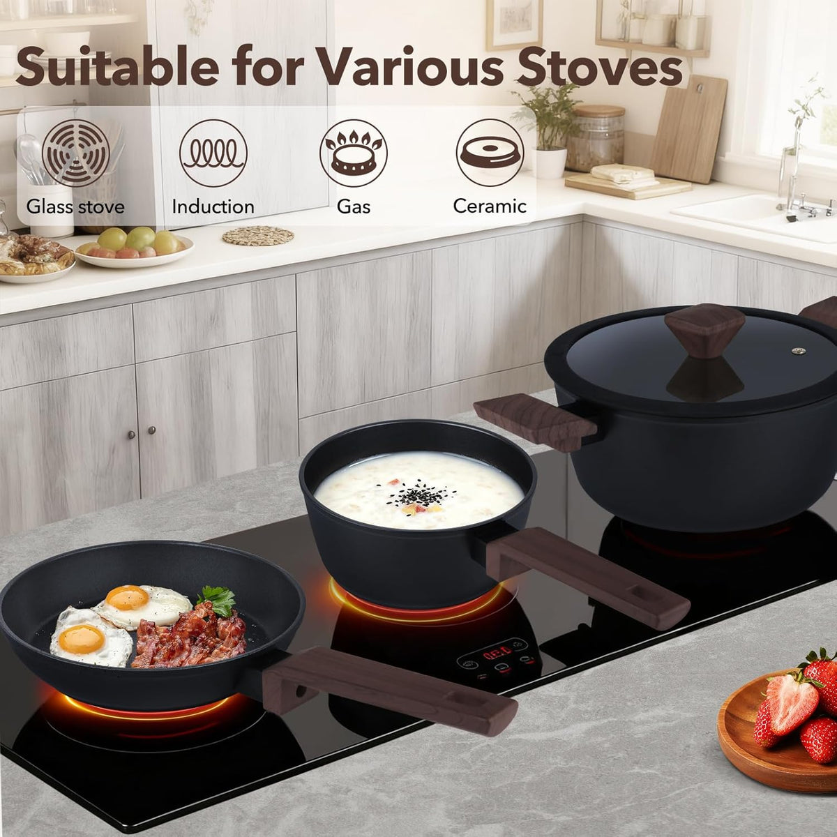 9Pcs Pots and Pans Set Nonstick,Induction Cookware Set Kitchen Cooking Sets,Healthy Non-Toxic Pots and Pan Set,Non Stick with Grill Pan& Stay-Cool Handles (PFOS, PFOA Free),Black