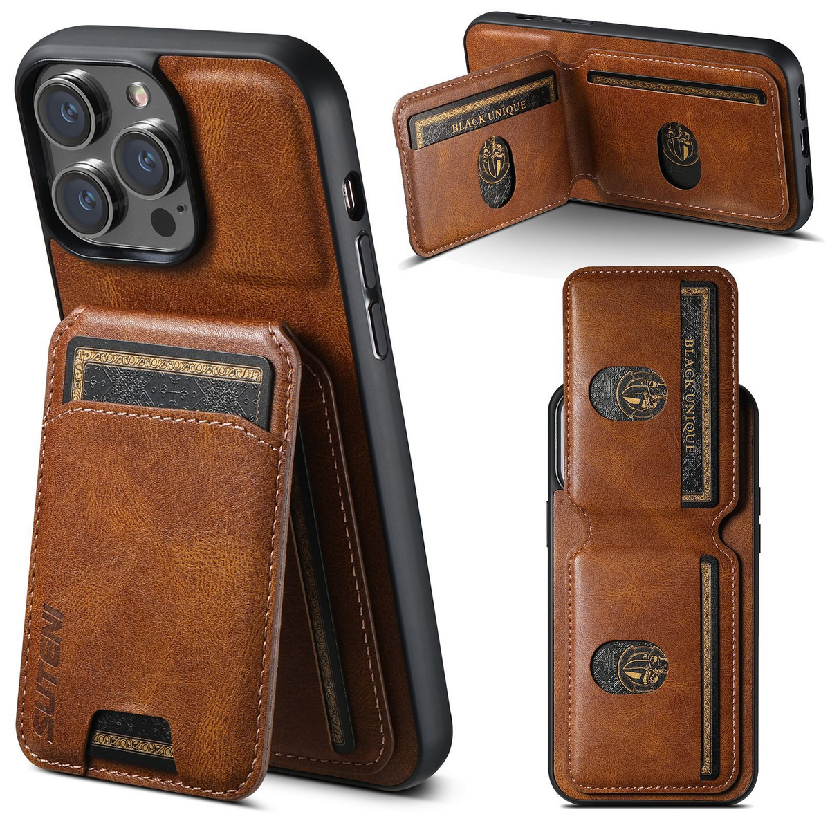Leather Wallet Phone Case with Card Holder – iPhone 11–16 | Black, Brown & Blue