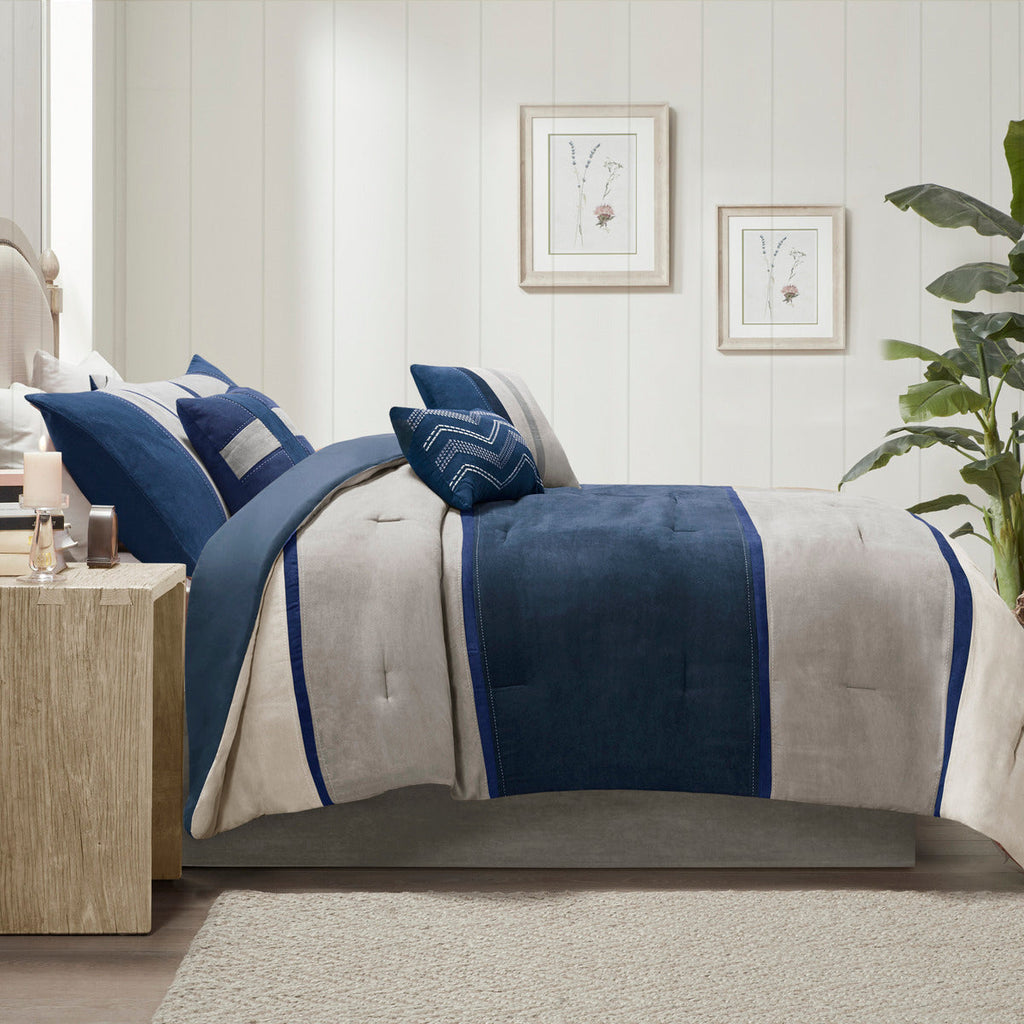 7 Piece Faux Suede Comforter Set Blue California King