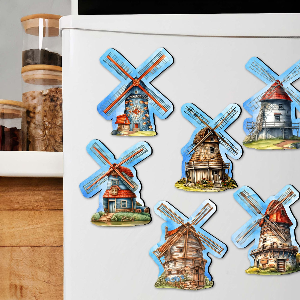Windmills Decorative Eco Wood Magnets Set of 6 by G. Debrekht - Love Family Decor - 8090074G-S6