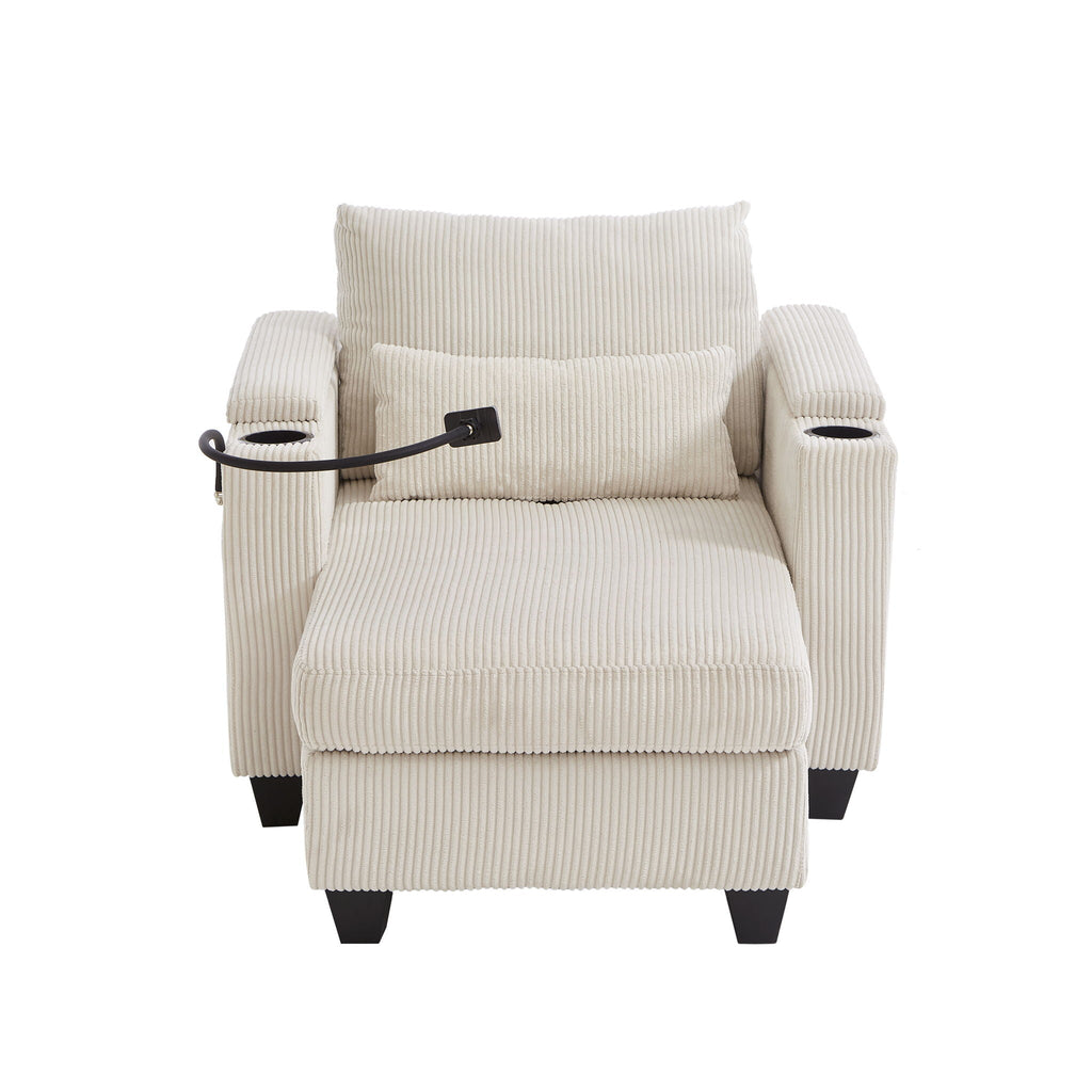 Convertible Chaise Lounge Sofa Chair With USB Ports, Cup Holders, Phone Holder And Storage
