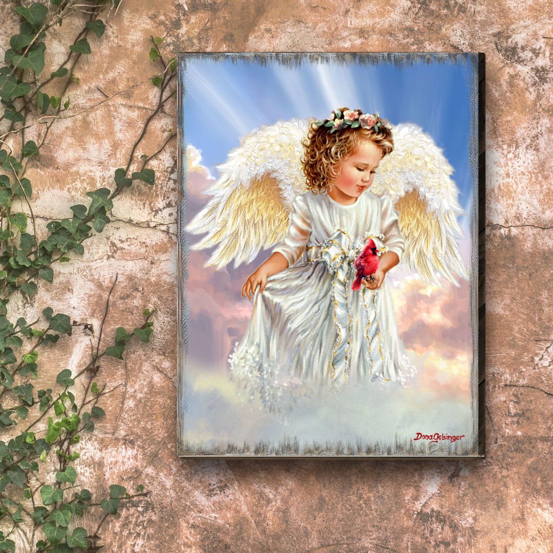Angel with Cardinal Art Wooden Wall Art by D. Gelsinger - Nativity Holiday Decor - 95676B-DG