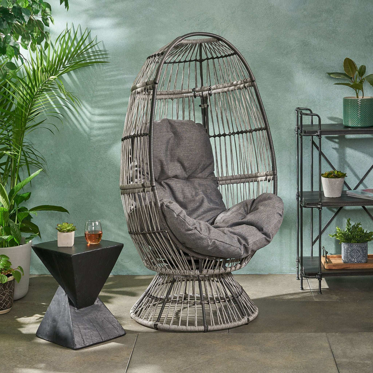 Patio Swivel Basket Egg Chair With Cushion