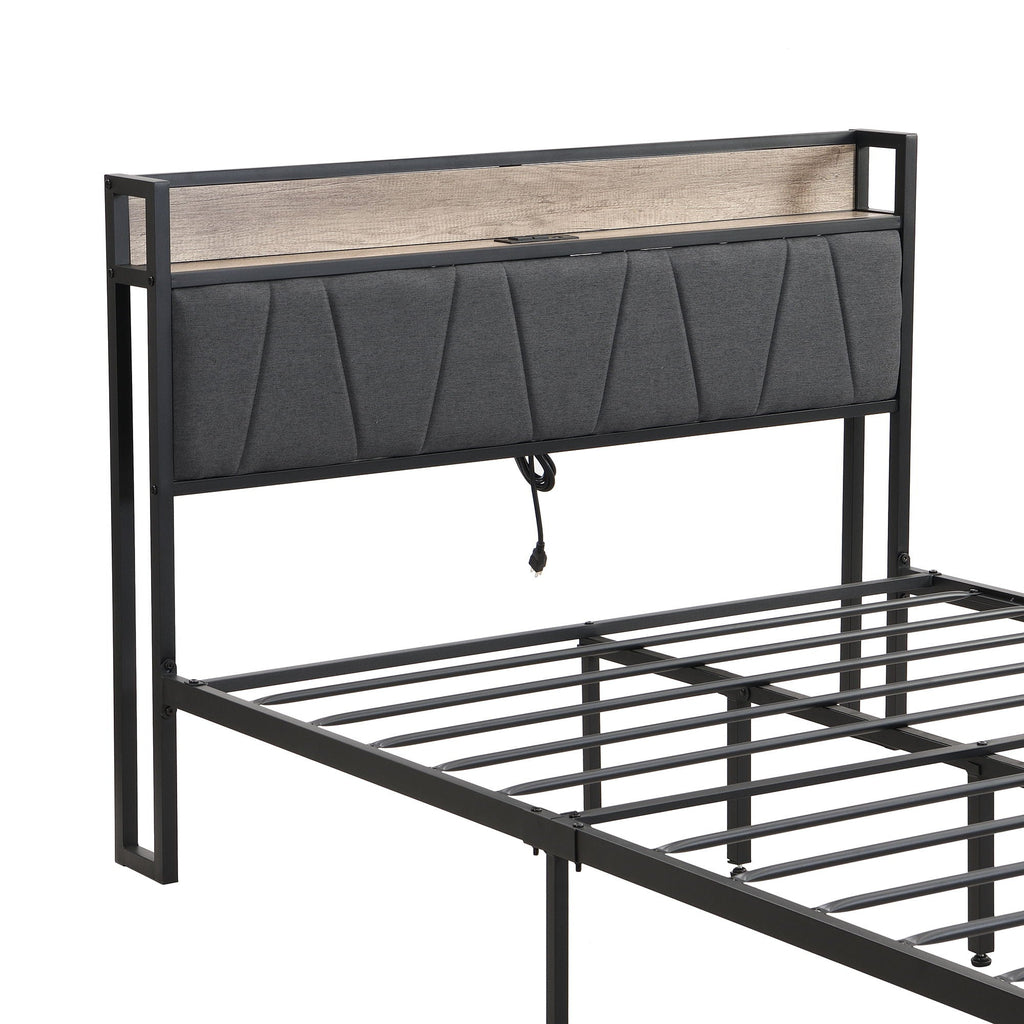 Modern Bed Frame With LED Lights, Upholstered Headboard, USB Charging