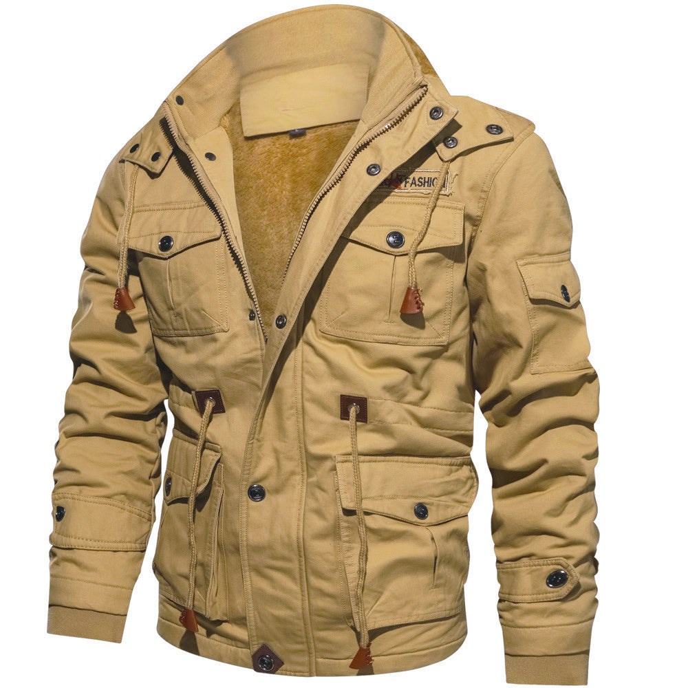 Winter Zip-up Coat Warm Thickened Detachable Hooded Jacket Multi-pocket  Button Drawstring Long Sleeve Tops Men's Cargo Clothing