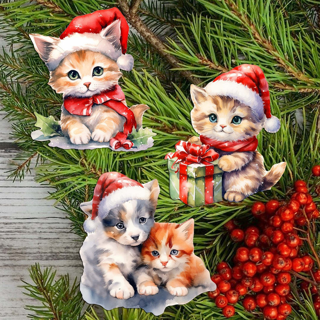 Christmas Cats Clip-On Eco Wood Decorative Ornaments Set of 3 by G. Debrekht - Christmas Decor - 8091016C-S3