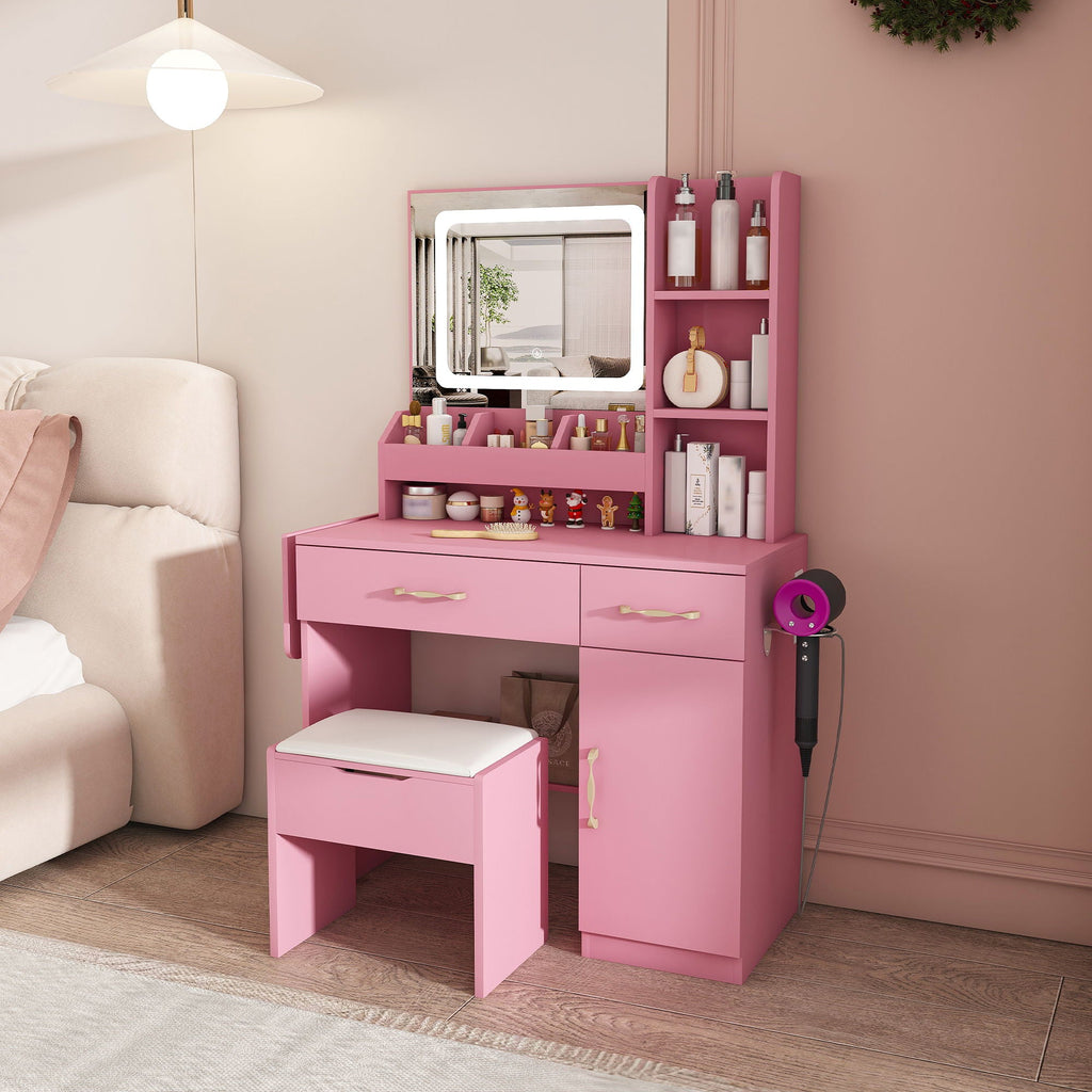 Vanity Desk With LED Mirror Lights And Power Outlet Charging Station, 3 Drawers, 7 Shelves, Storage Stool - Pink