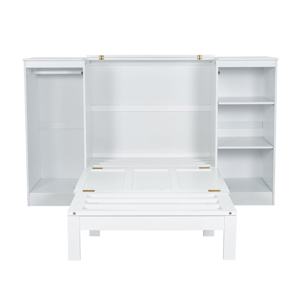 Twin Size Murphy Bed With Bedside Shelves And Wardrobe - White