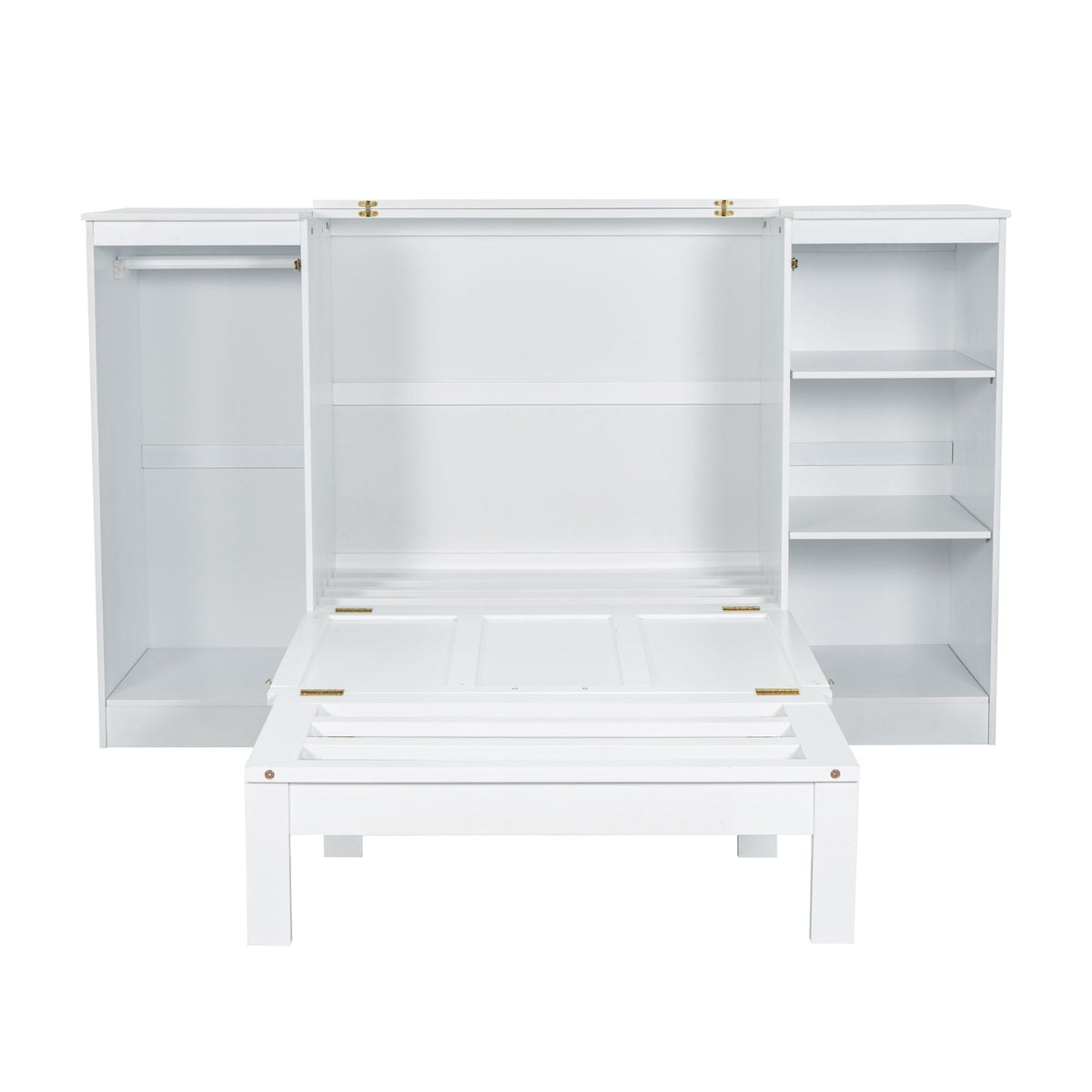 Twin Size Murphy Bed With Bedside Shelves And Wardrobe - White