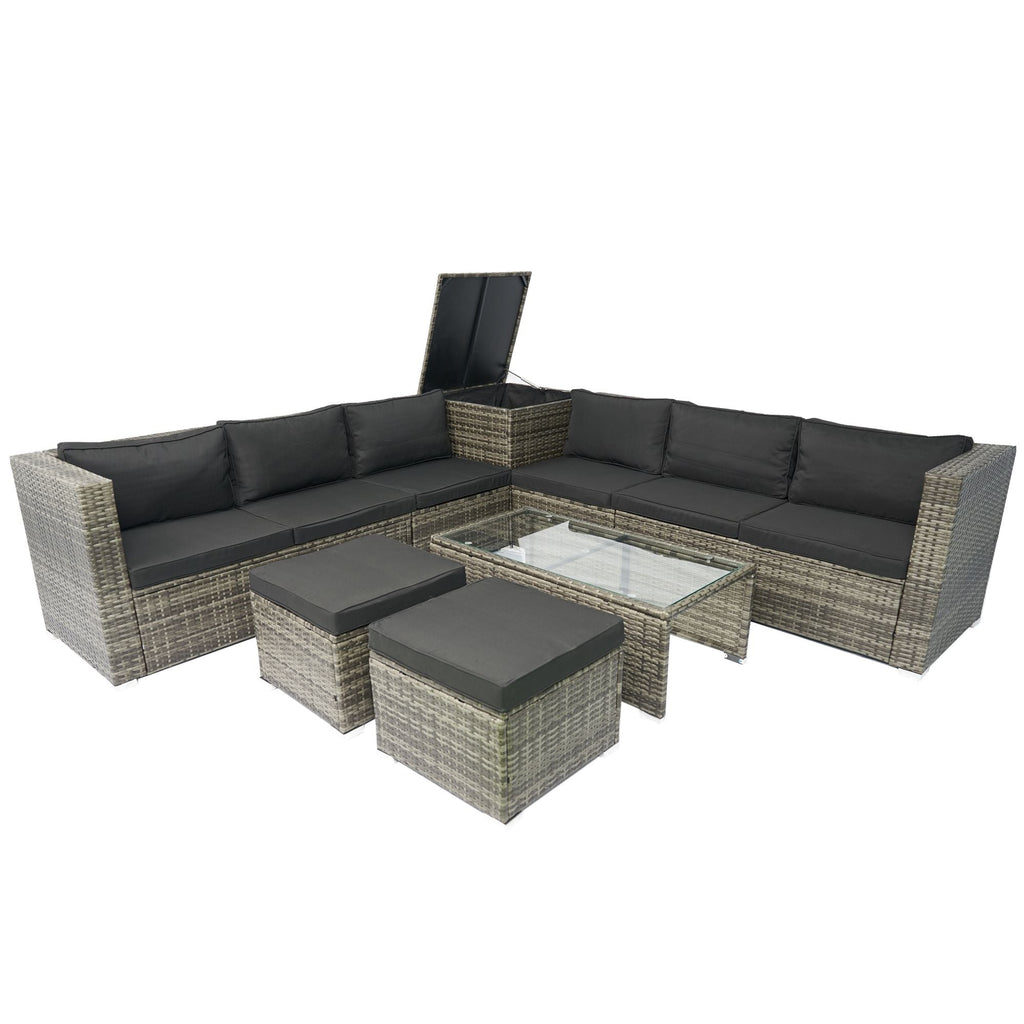 8 Piece Patio Sectional Wicker Rattan Outdoor Furniture Sof Set With One Storage Box Under Seat And Cushion Box - Gray / Black