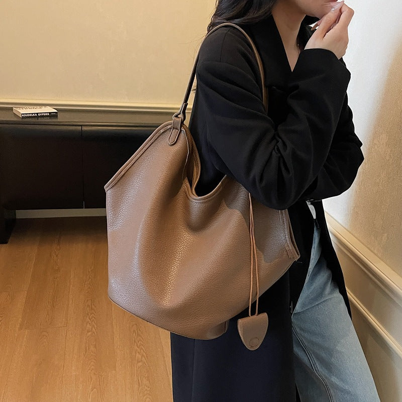 Women's Lychee-Grain PU Bucket Tote Bag – Vintage Minimalist Shoulder Bag