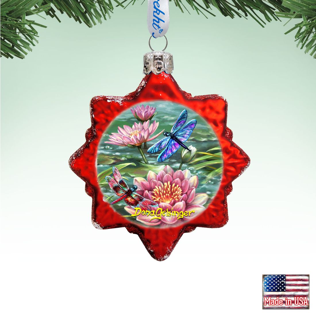 Dragonflies and Water Lilies Mercury Glass Ornament by D. Gelsinger - Christmas Decor - 778113-DG