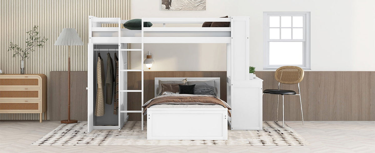 Loft Bed With A Stand Alone Bed, Shelves, Desk, And Wardrobe