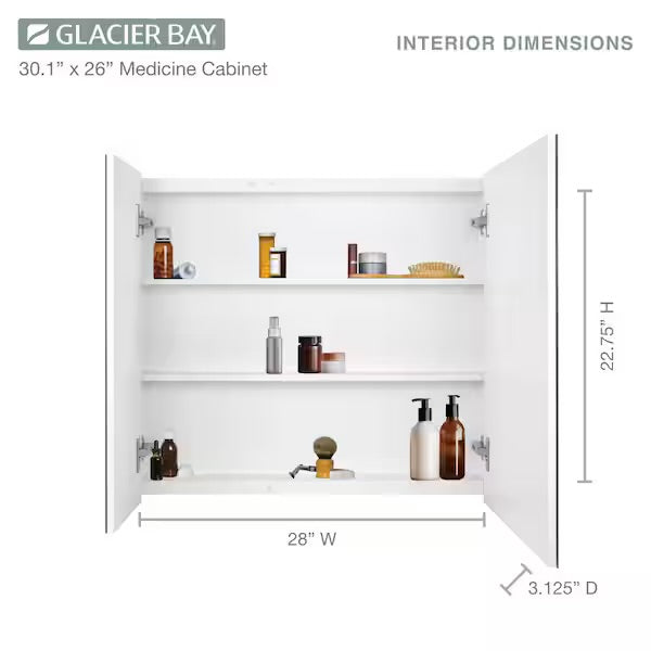 Open Box Glacier Bay 30 in. W x 26 in. H Rectangular Wood Composite Medicine Cabinet with Mirror