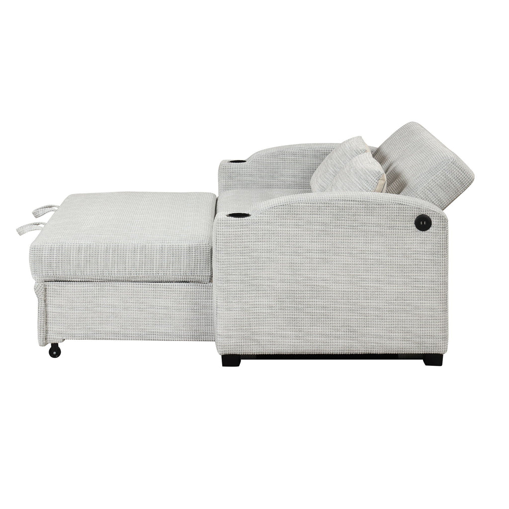 Pull Out Loveseat Sofa With Adjsutable Backrest, 2 Pillows, Cup Holders, USB Ports For Living Room