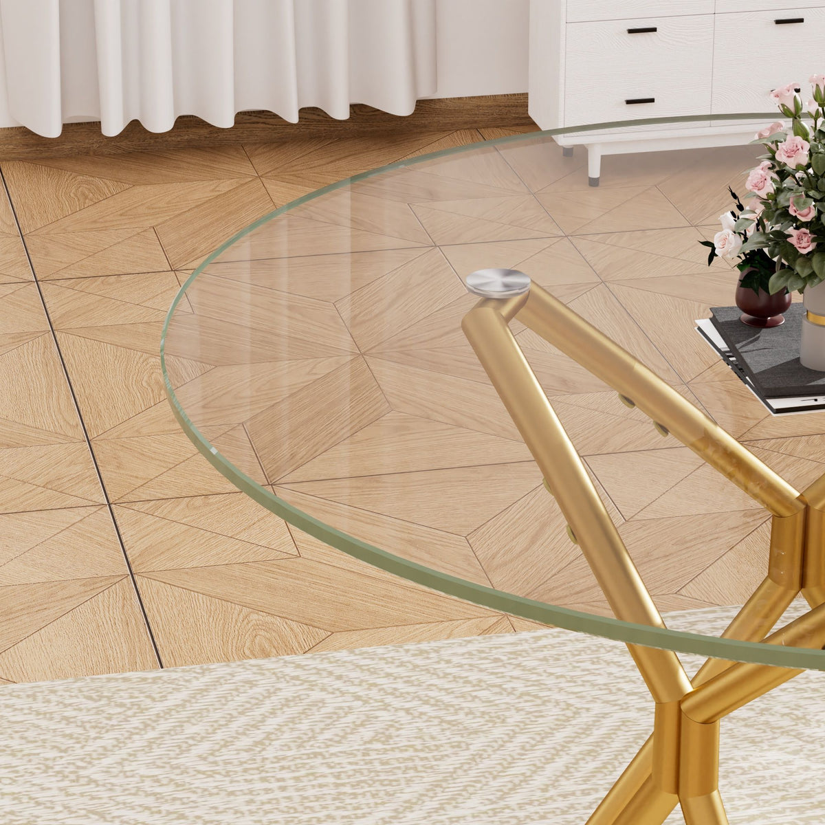 Modern Round Tempered Glass Dining Table With Sturdy Metal Legs For 1 - 4 People - Gold