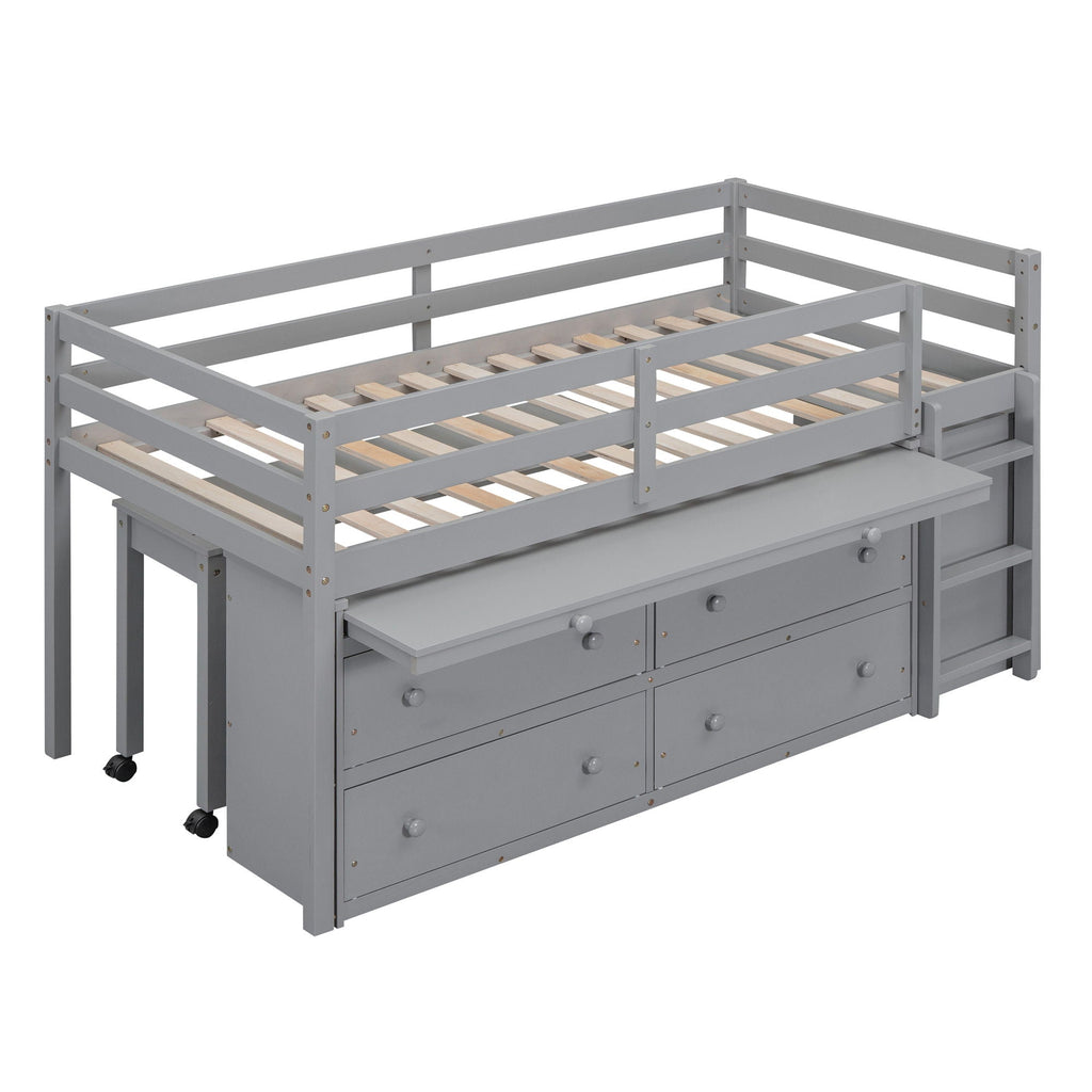 Loft Bed With Retractable Writing Desk And 4 Drawers, With Lateral Portable Desk And Shelves