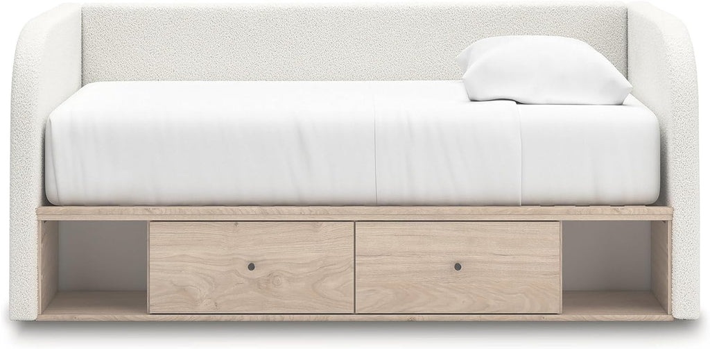 Signature Design by Ashley Shapella Boho Chic Upholstered Day Bed with 2 Storage Drawers, Foundation or Box Spring Not Needed, Full, Beige & White