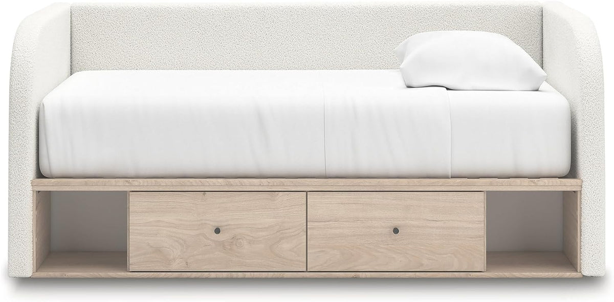 Signature Design by Ashley Shapella Boho Chic Upholstered Day Bed with 2 Storage Drawers, Foundation or Box Spring Not Needed, Full, Beige & White
