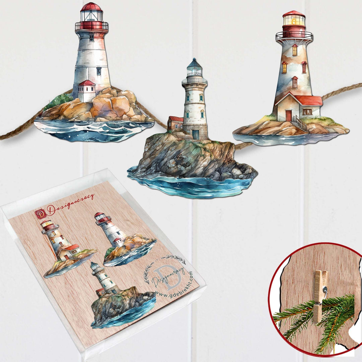 Lighthouse Clip-On Eco Wood Decorative Ornaments Set of 3 by G. Debrekht - Coastal Decor - 8091022C-S3