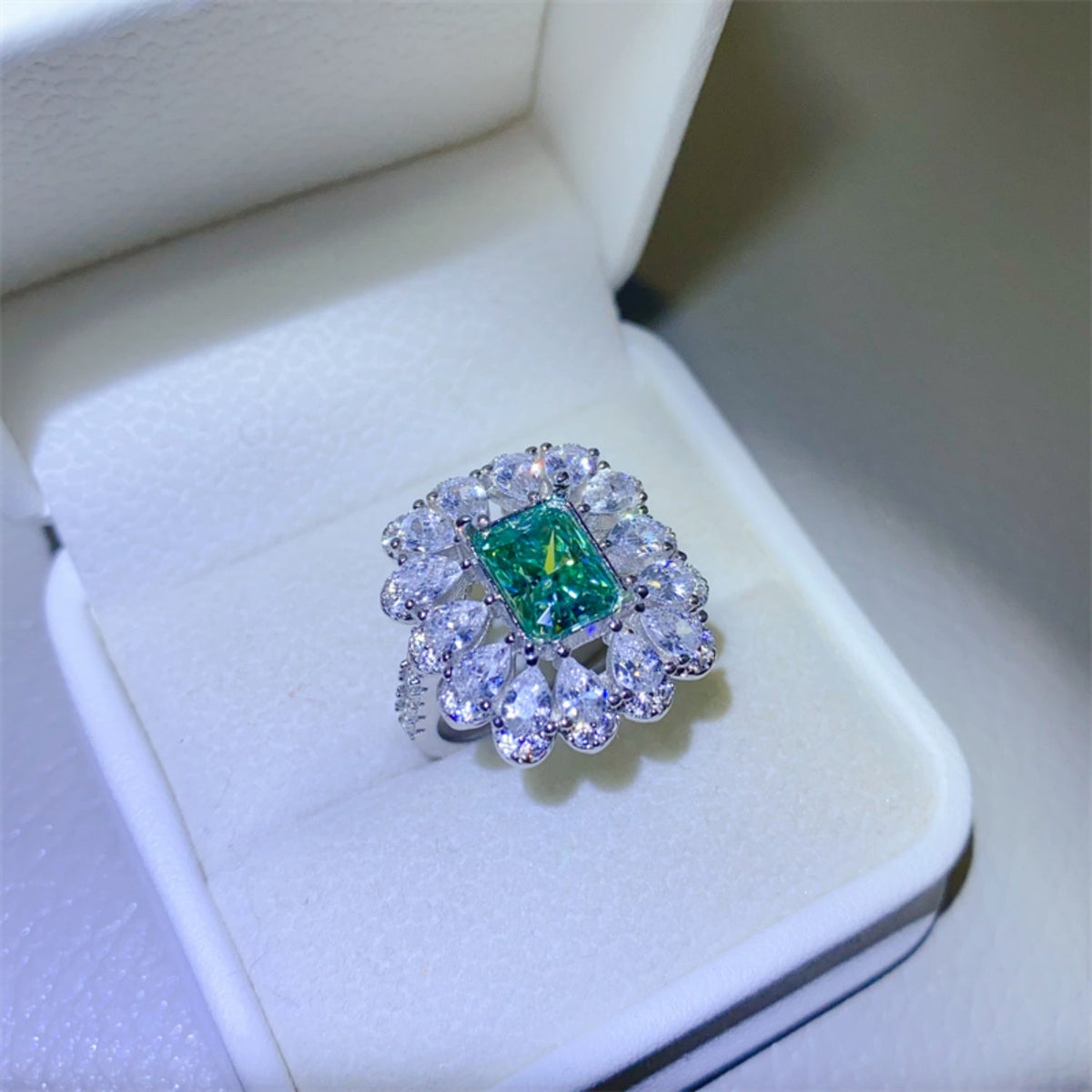 3 Carat Green Emerald-Cut Sparkala™ Pure Sterling Silver Ring