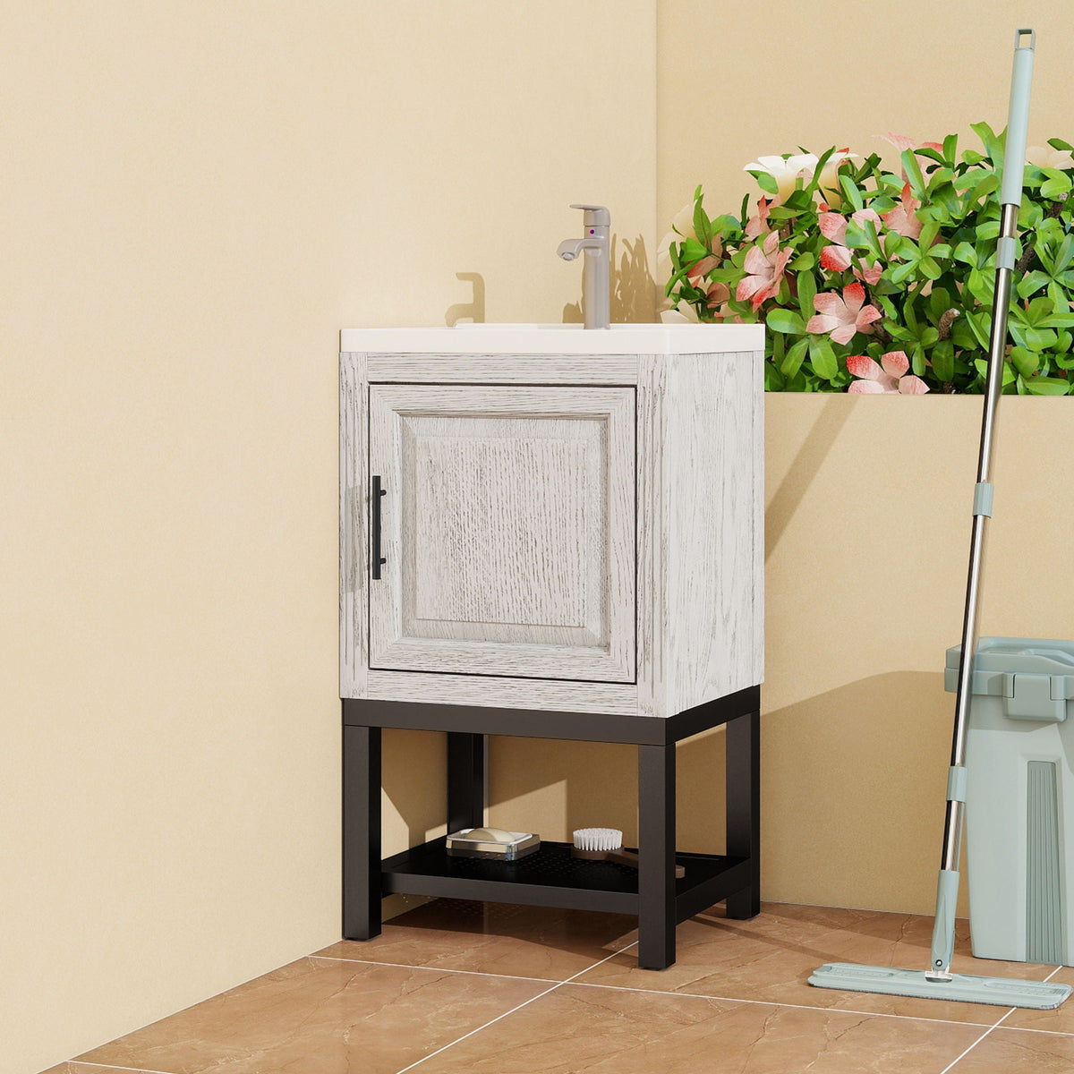 Modern Freestanding Bathroom Vanity With Ceramic Sink, Hot And Cold Faucet, 1 Door Cabinet & Open Shelf