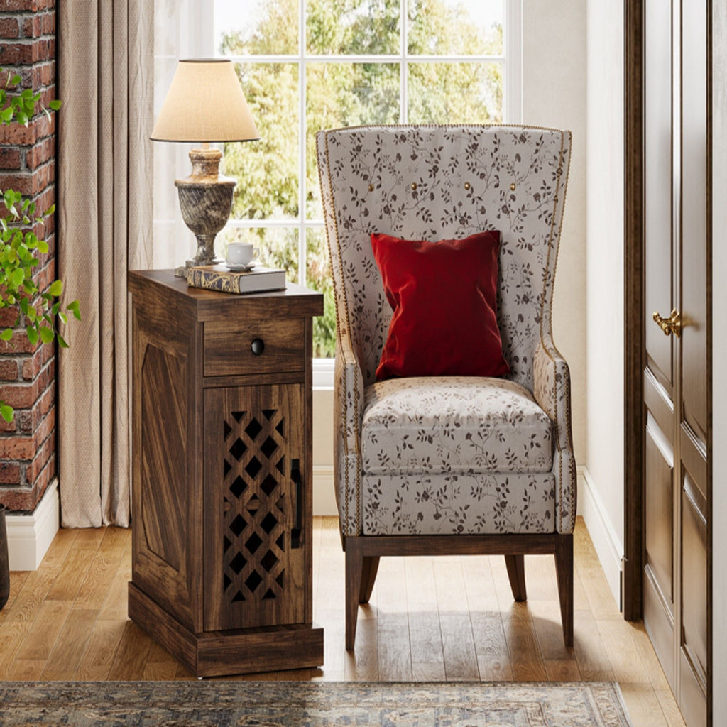 Narrow End Table With Drawer & Cabinet, Nightstand For Small Spaces - Brown