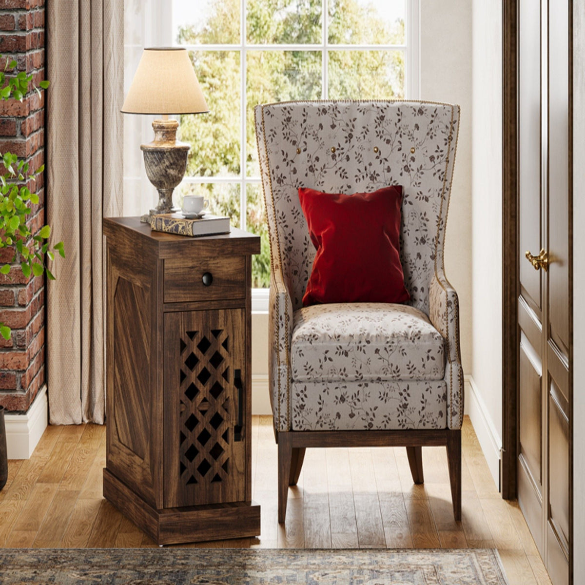 Narrow End Table With Drawer & Cabinet, Nightstand For Small Spaces - Brown