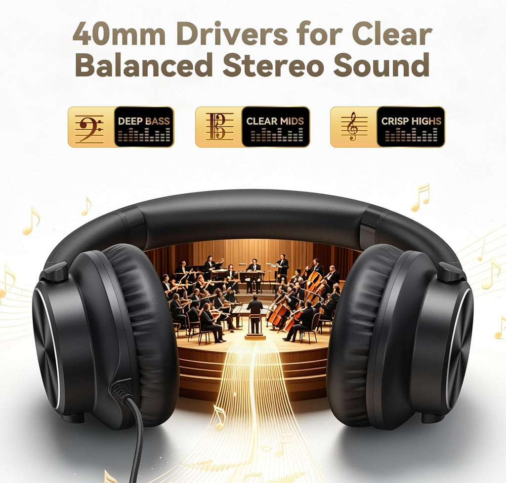 Wired Headphones with Mic, Volume & Playback Control, Over-Ear Foldable Headphones, 3.5Mm Plug, 90° Swivel Ear Cups, 4.9Ft Tangle-Free Cord for Tablet, Laptop, PC, School, Travel (Black)