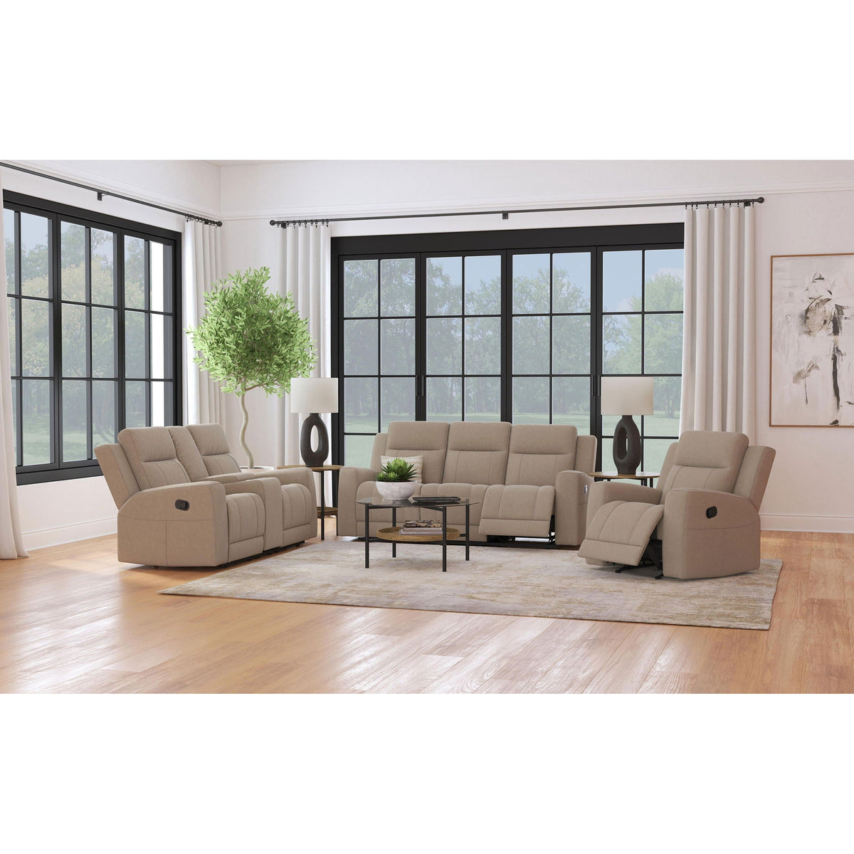 Slater - 3 Piece Upholstered Reclining Sofa Set And Built In Storage - Taupe