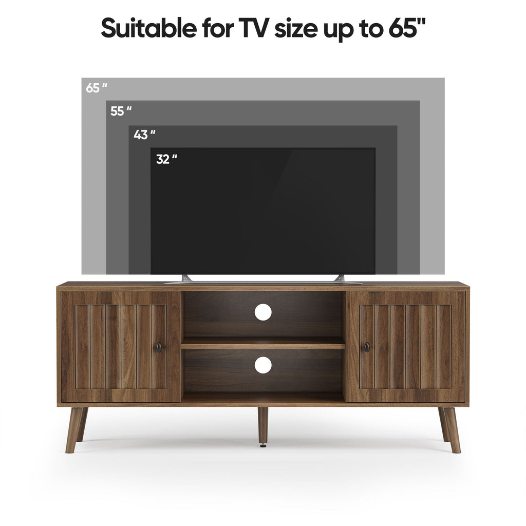 55" TV Cabinet With Vertical Groove Doors, Adjustable Shelves - Walnut