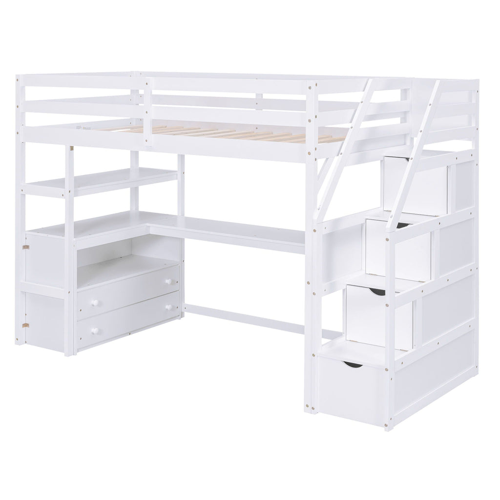 Loft Bed With Desk, Shelves, 2 Drawers, Storage Staircase