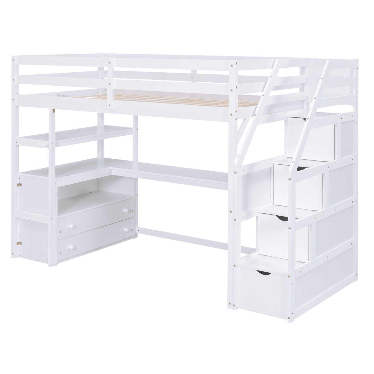 Loft Bed With Desk, Shelves, 2 Drawers, Storage Staircase