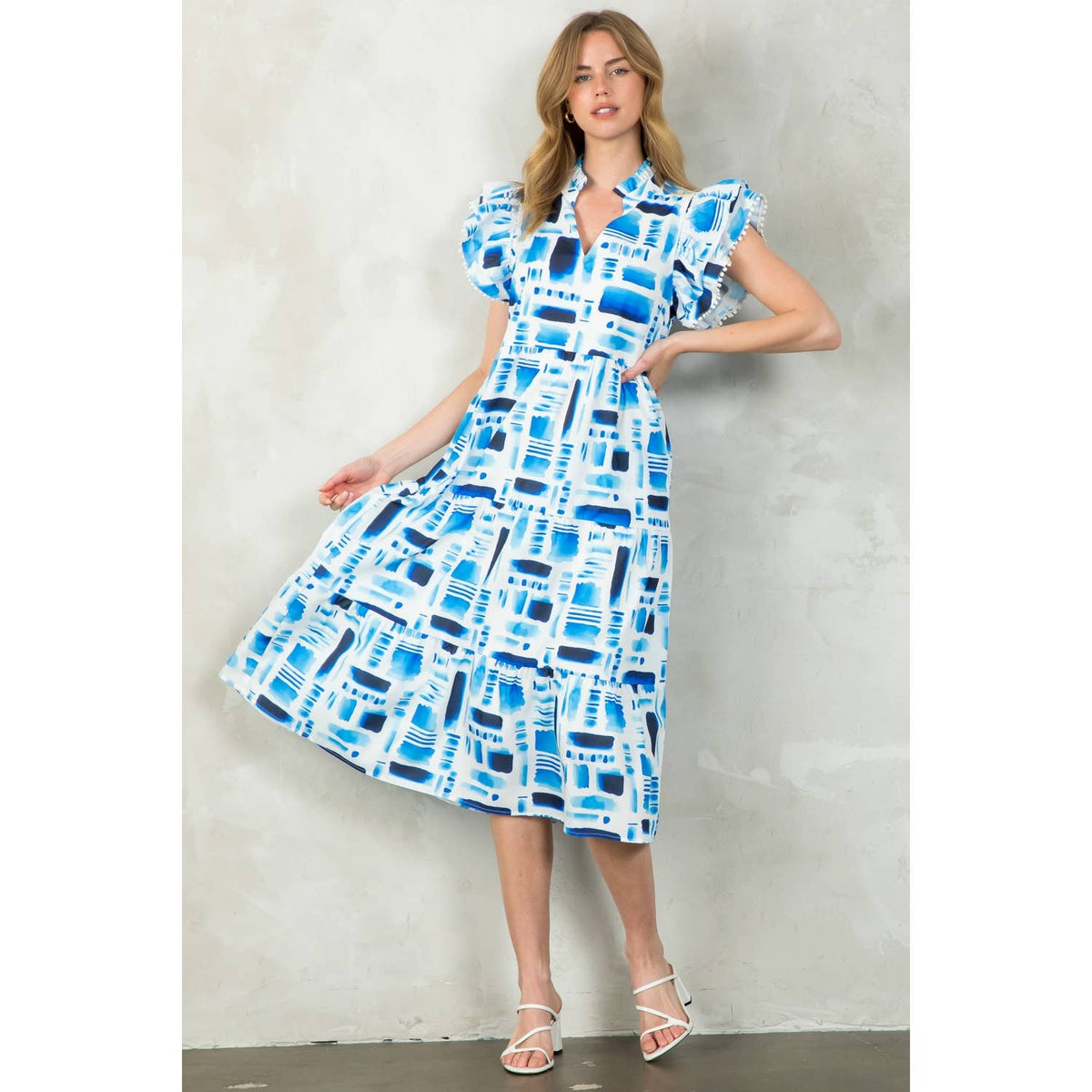 GRACELLE- Flutter Sleeve Print Tiered Midi Dress