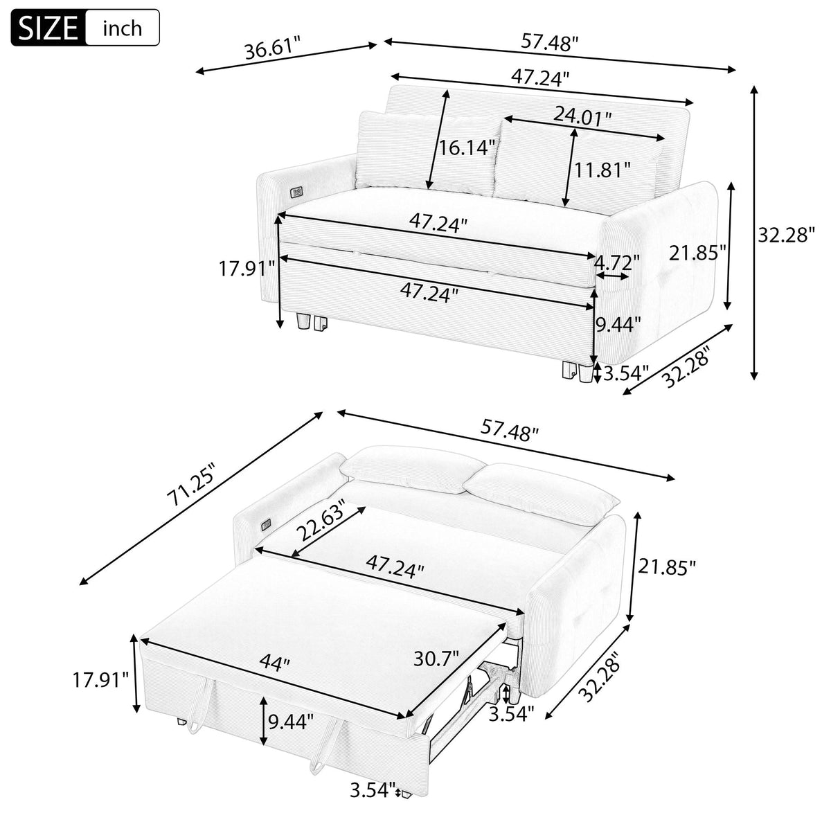 Pull-Out 2 Seat Modern Sleeper Sofa With 2 Throw Pillows And USB Ports