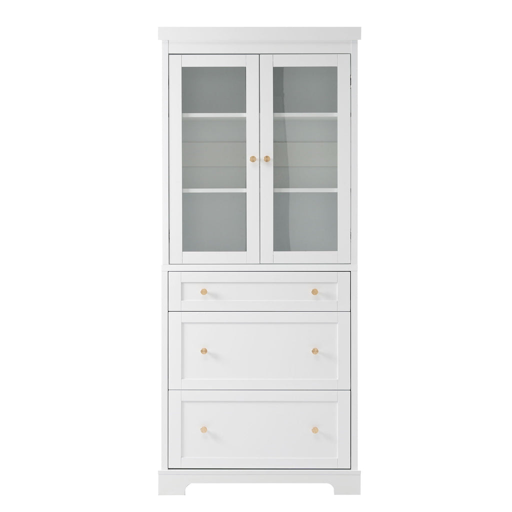 Freestanding Tall Bathroom Cabinet With Adjustable Shelves, Drawers, Soft Close Glass Doors