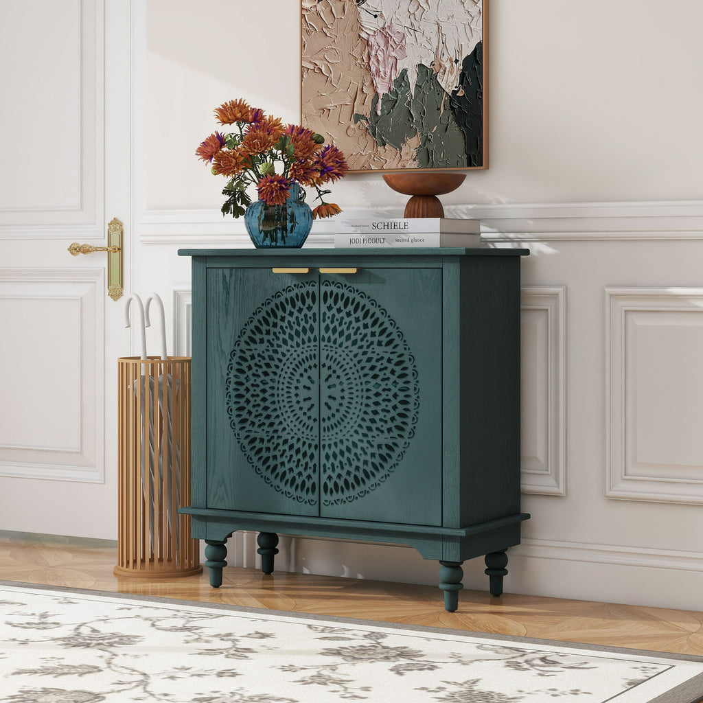 Hollow Carved 2 Door Accent Cabinet With Adjustable Shelf, Sideboard Buffet For Entryway, Living Room Or Bedroom - Blackish Green