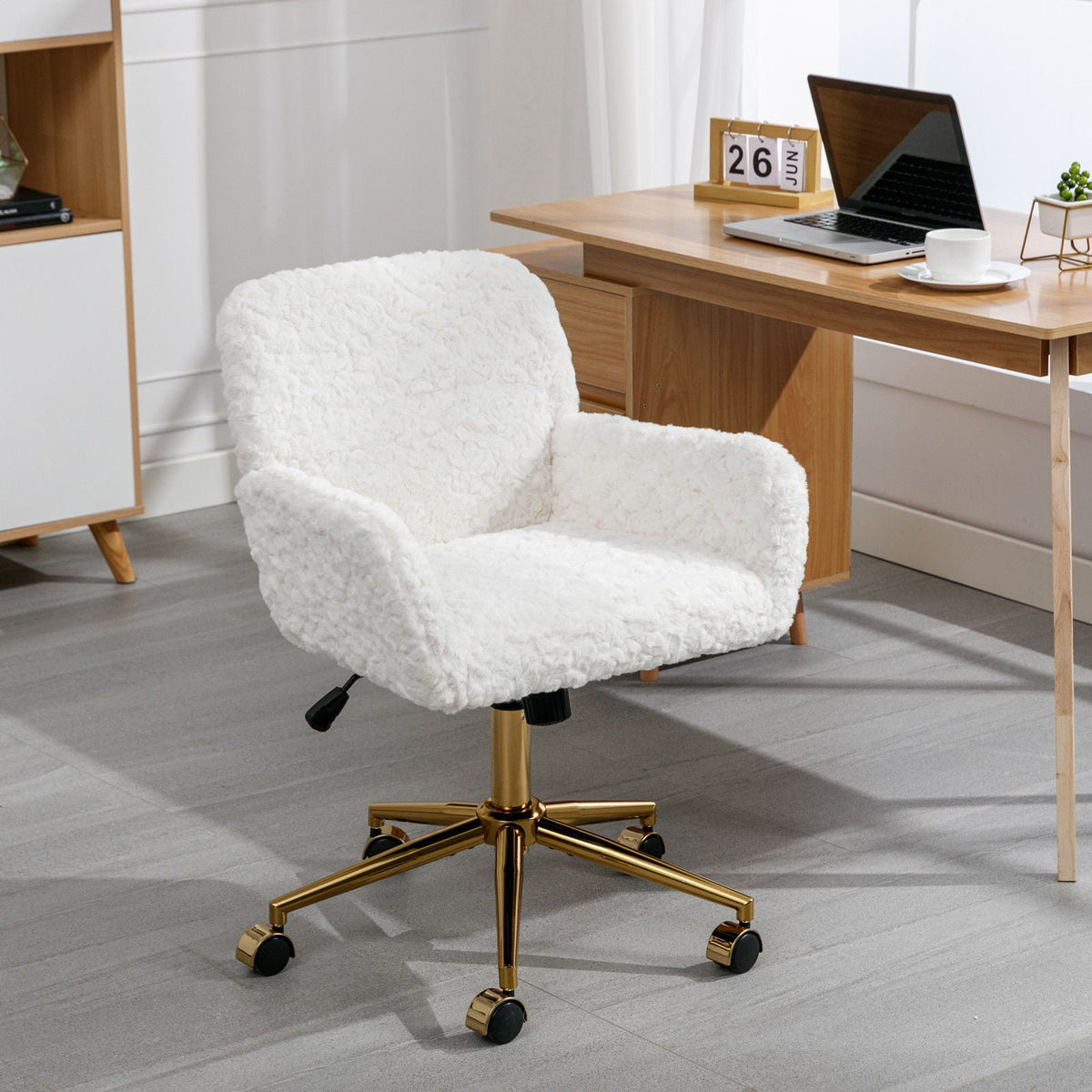 Office Chair, Artificial Rabbit Hair Home Office Chair With Metal Base, Adjustable Desk Chair Swivel Office Chair, Vanity Chair