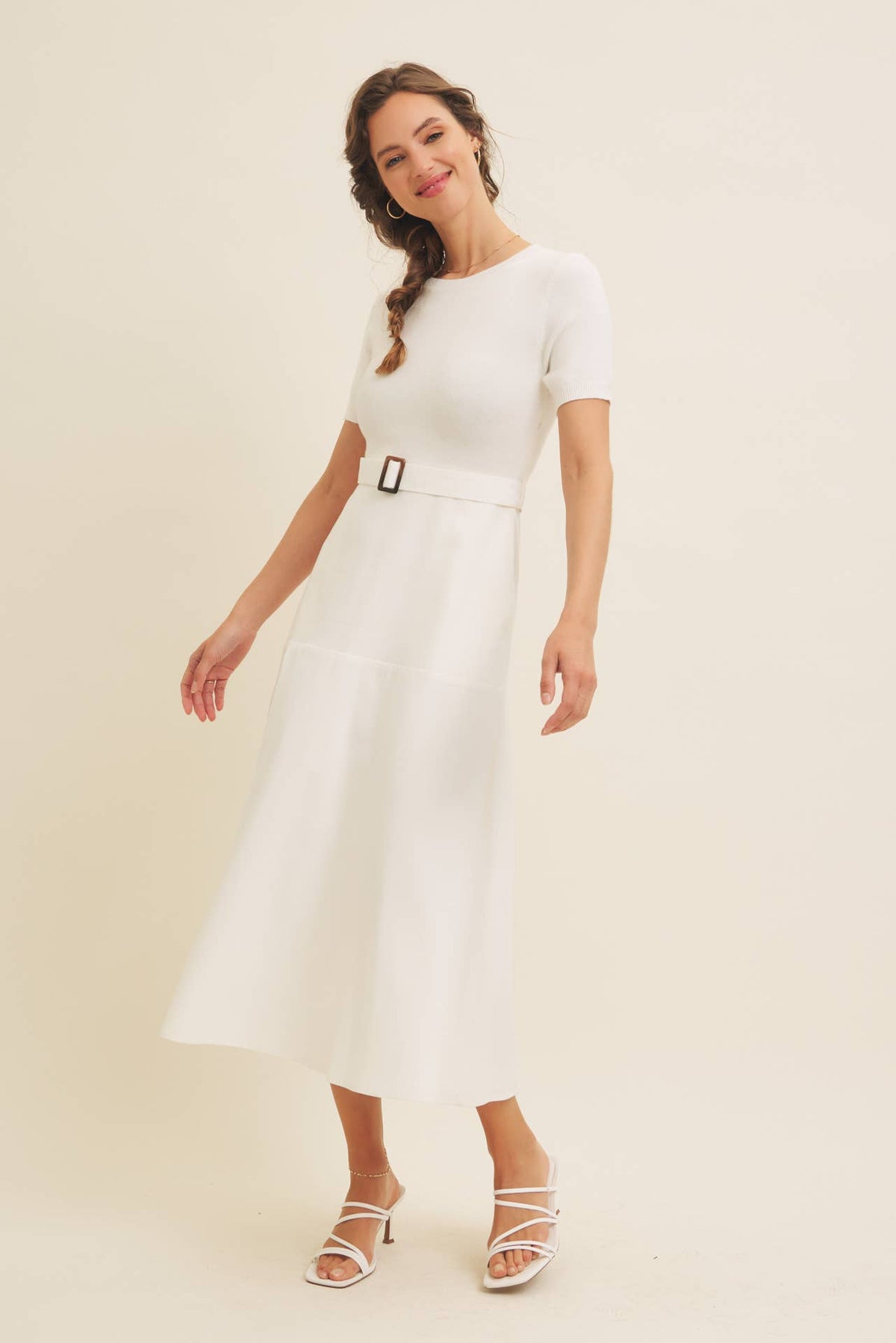 Delaney Sweater Midi Dress - White Mixed Media Dress with Belt
