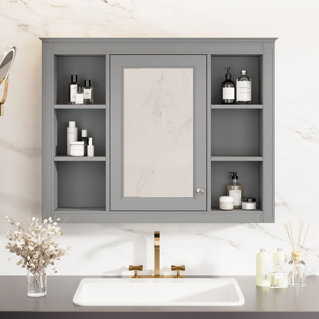 Wall Mounted Medicine Cabinet With Mirror, Storage Cabinet Featuring 6 Open Shelves And Adjustable Interior