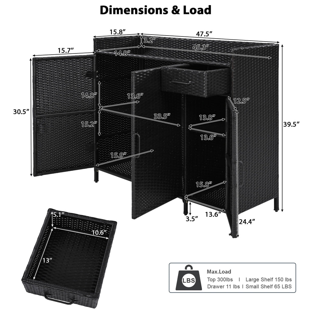 K&K 47.5"W Wicker Outdoor Storage Cabinet with Tempered Glass Top