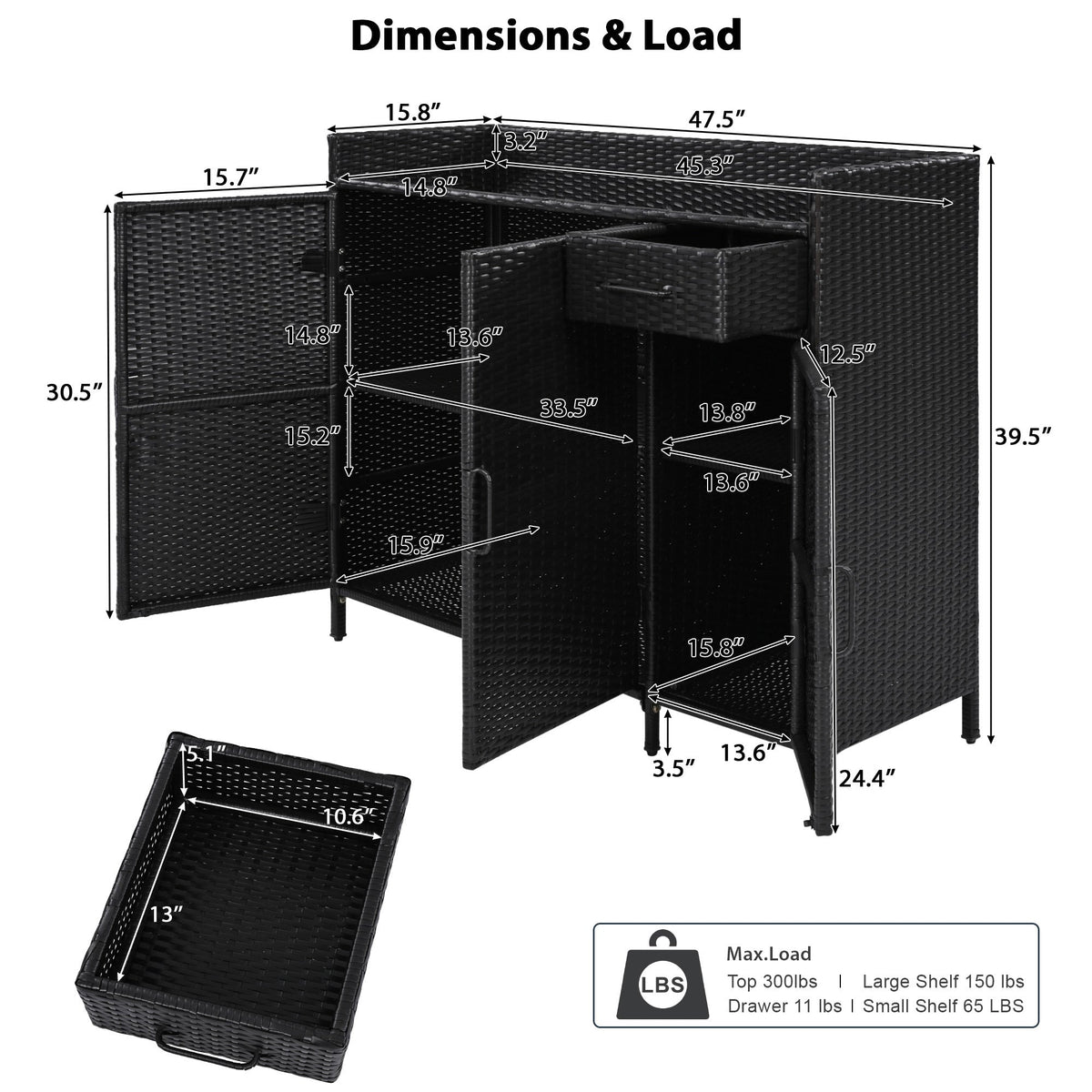 K&K 47.5"W Wicker Outdoor Storage Cabinet with Tempered Glass Top