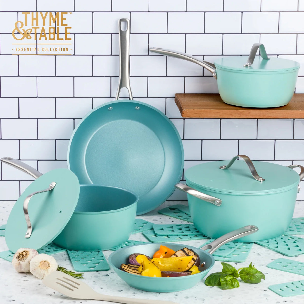 Thyme & Table 12 Piece Non-Stick Acadia Cookware Set, Pots and Pans Set - Blue