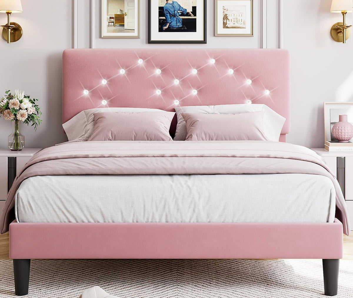 Queen Size Bed Frame with Headboard, Upholstered Platform Bed Frames Queen Size with Crystal Diamond Tufted for Girls/Kids Easy Assembly, Wooden Slats Support, No Box Spring Needed, Pink