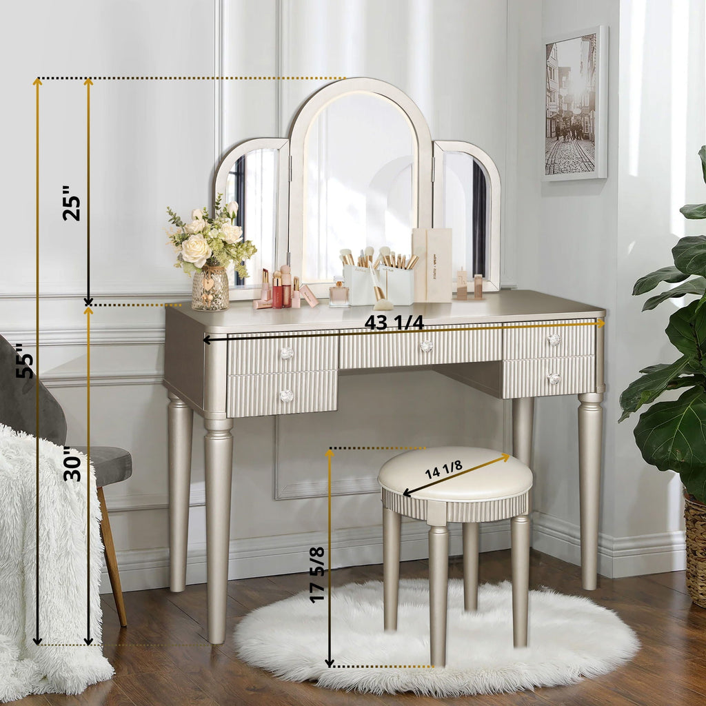 Mirrored Makeup Vanity Table Set With Adjustable Lighting And Storage