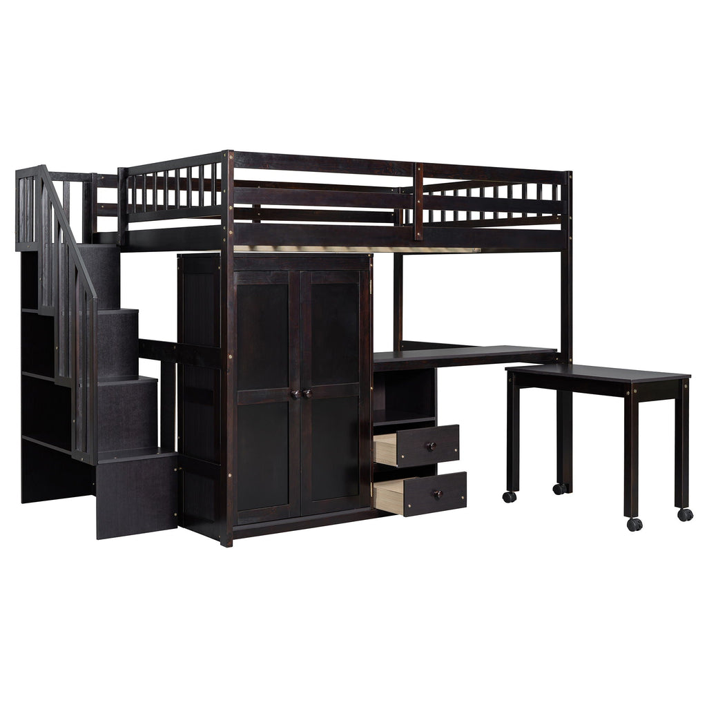 Loft Bed With Stairs, Bookshelf, Drawers, Desk & Wardrobe, Space Saving Multifunctional Furniture