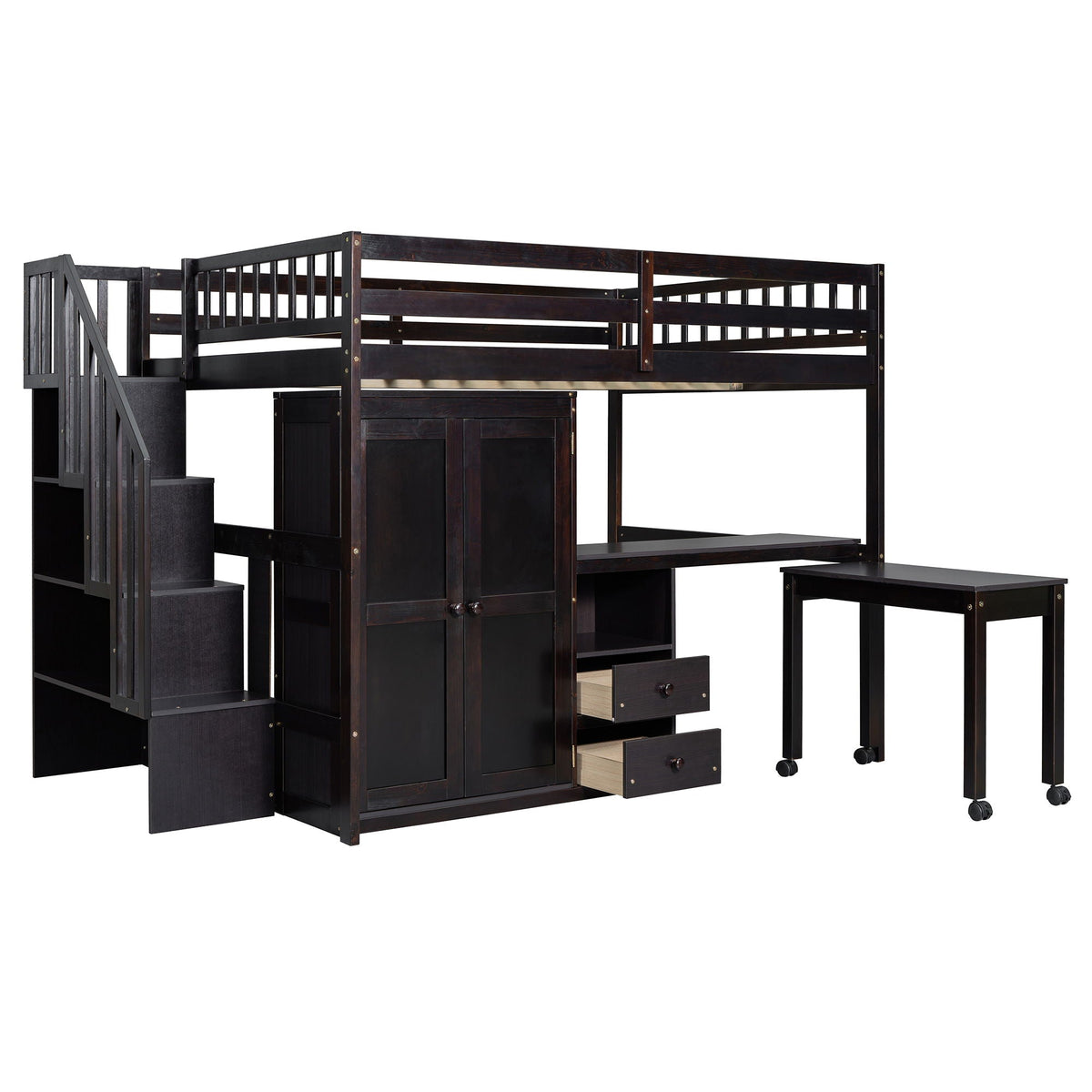 Loft Bed With Stairs, Bookshelf, Drawers, Desk & Wardrobe, Space Saving Multifunctional Furniture
