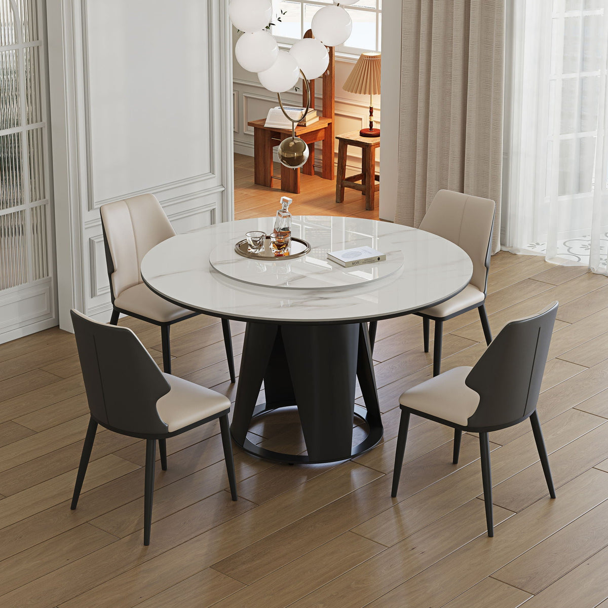 Modern Sintered Stone Dining Table With Round Turntable And Metal Pedestal - White